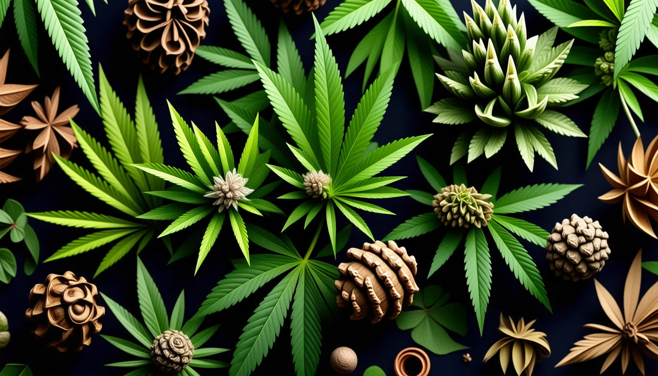 Green leaves and various pine cones arranged on a dark background