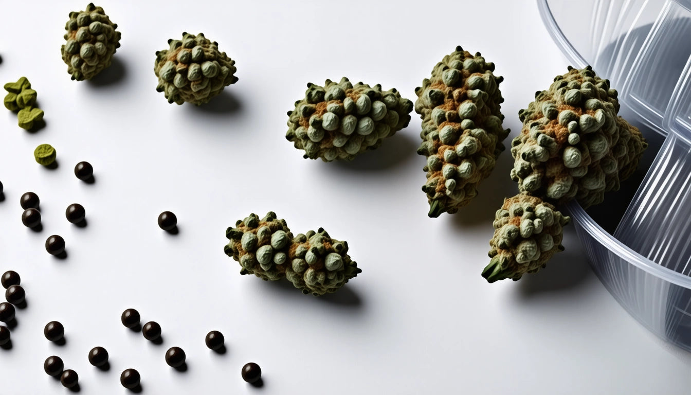 Green, textured clusters and small round black objects scattered on a white surface, with a clear container on the right