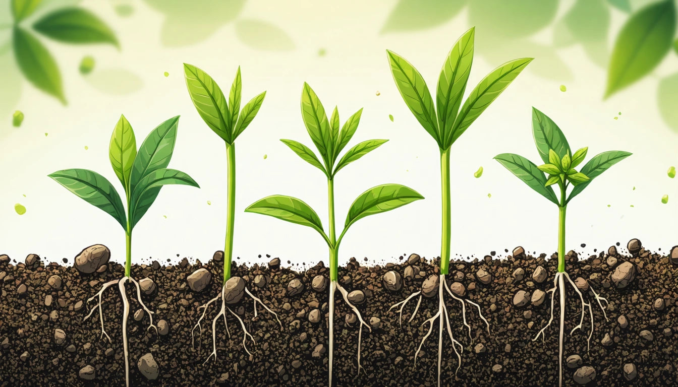 Five green seedlings with leaves and visible roots growing in soil, against a light background with blurred green shapes