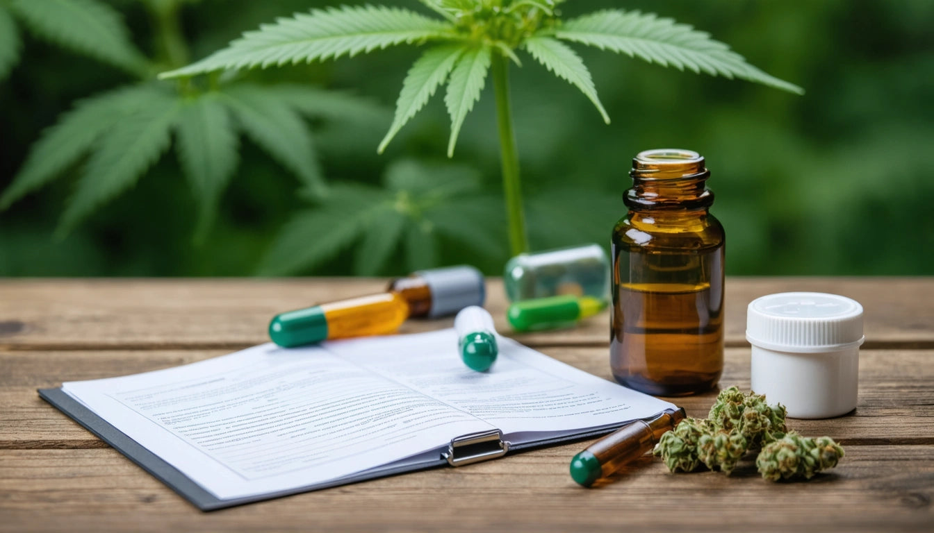 Open book on wooden table, surrounded by green capsules, amber bottle, white container, and cannabis buds, with plant in background