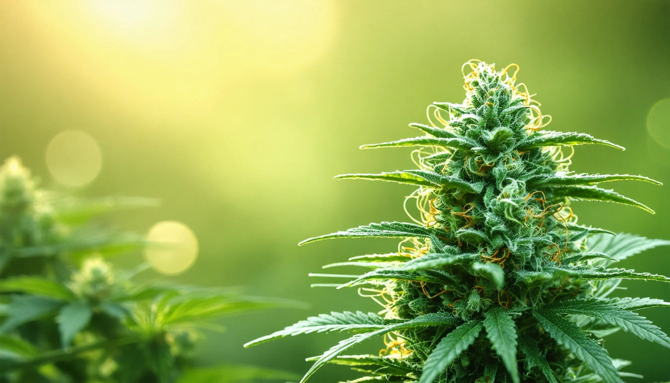 Green plant with spiky leaves and dense cluster of buds, soft sunlight in background creating a warm glow