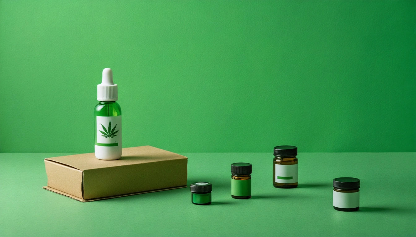 Green dropper bottle with leaf label on cardboard box, surrounded by four smaller jars with black lids on green background