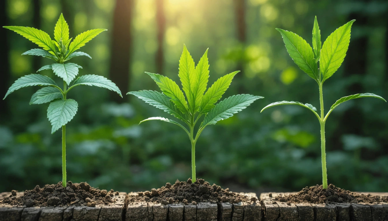 Three young green plants growing in soil on a wooden surface, with a blurred forest background and sunlight filtering through