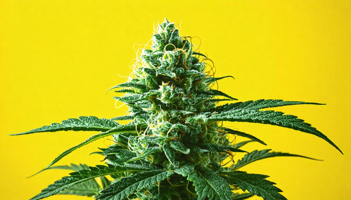 Green plant with dense, spiky leaves and fine hairs against a bright yellow background