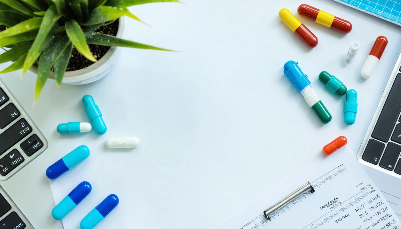 Green plant, colorful capsules scattered on white surface, partial laptop keyboards, and a clipboard with paper