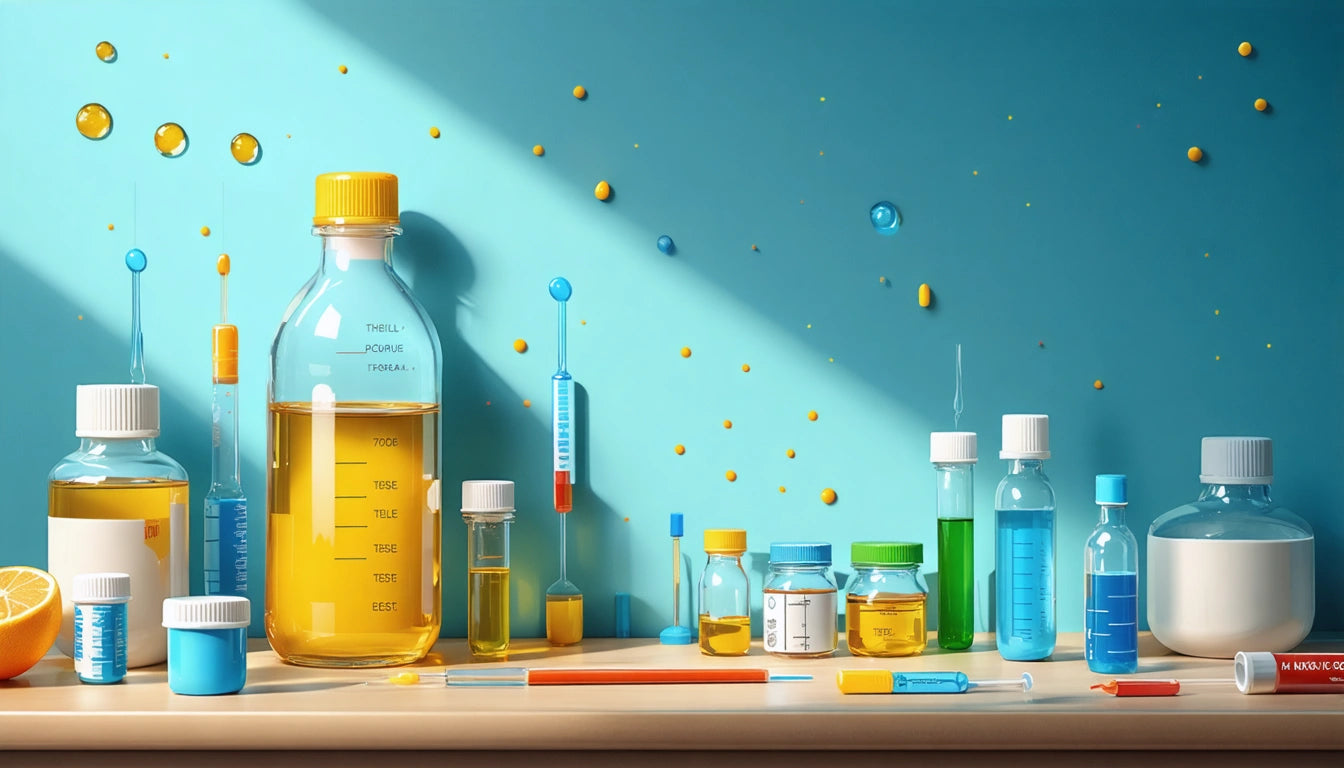 Various colorful lab bottles and syringes on a wooden table against a blue wall with scattered droplets and shadows