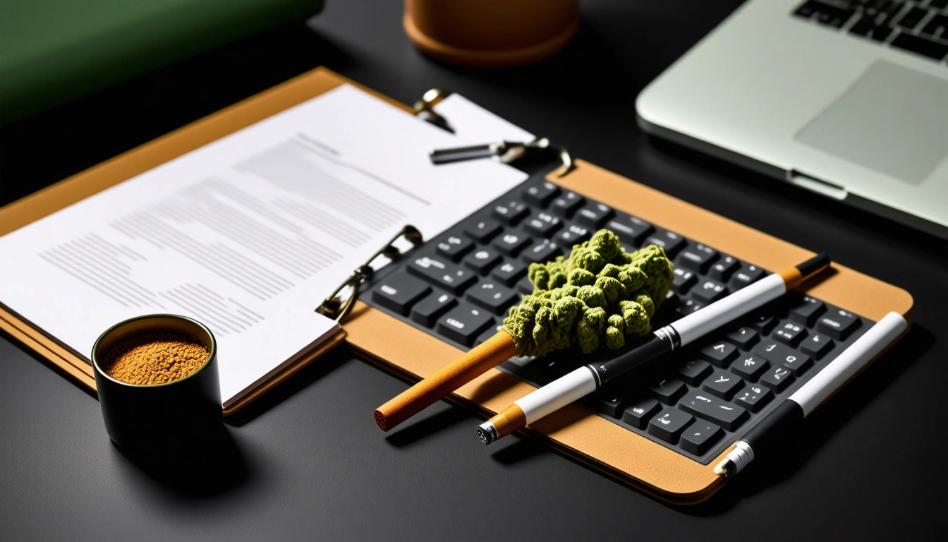 Clipboard with papers on keyboard, two pens, green object, small jar with powder, and part of a laptop on dark surface