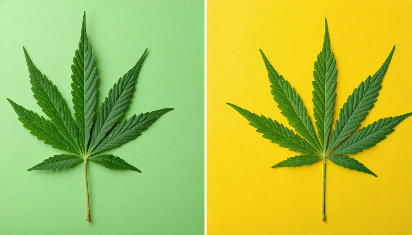 Two green leaves, left on light green background, right on yellow background, both with serrated edges and pointed tips