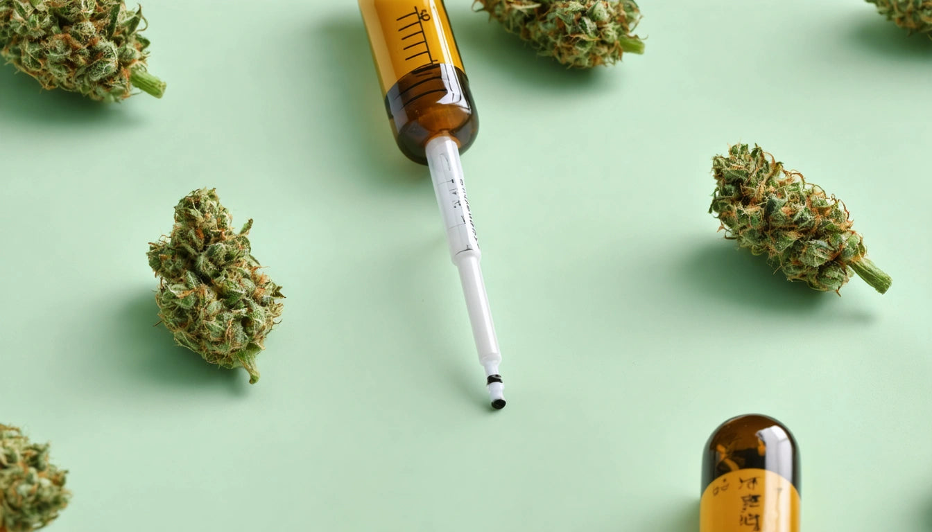 Brown syringes with white plungers and green buds on a light green surface