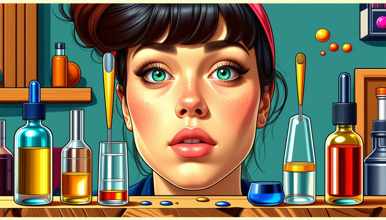 Woman with red headband surrounded by colorful glass bottles and test tubes on a wooden shelf, teal background