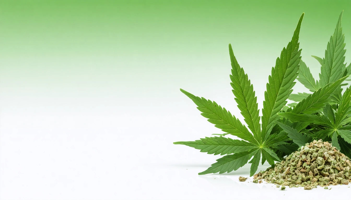 Green cannabis leaves and a small pile of dried cannabis on a white surface, with a gradient green background