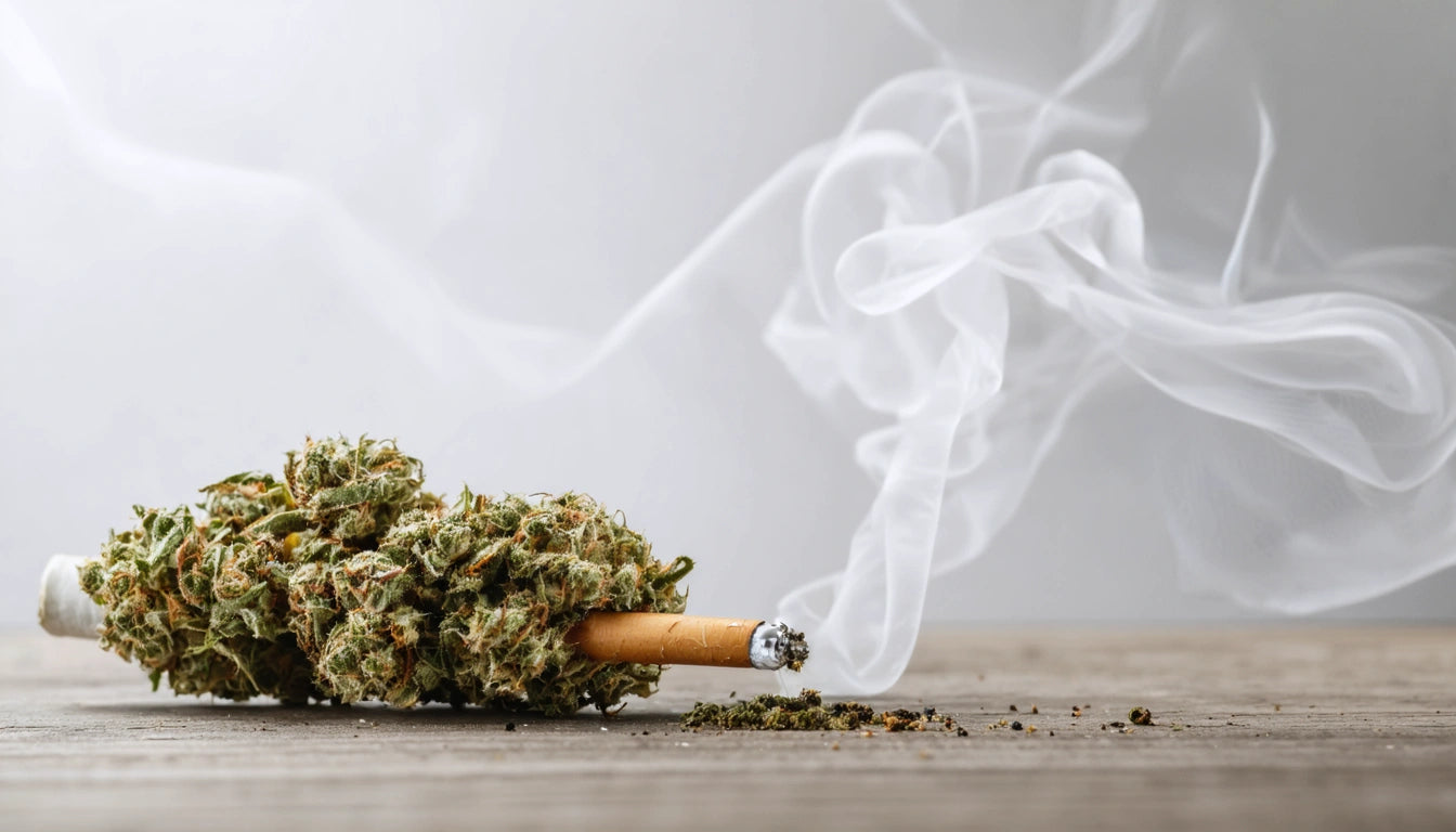 Cigarette inserted into cannabis bud with smoke swirling against a gray background on a wooden surface