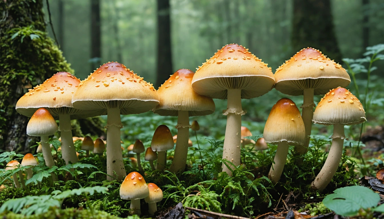 Cluster of orange-capped mushrooms with white stems growing on mossy forest floor, blurred green trees in background