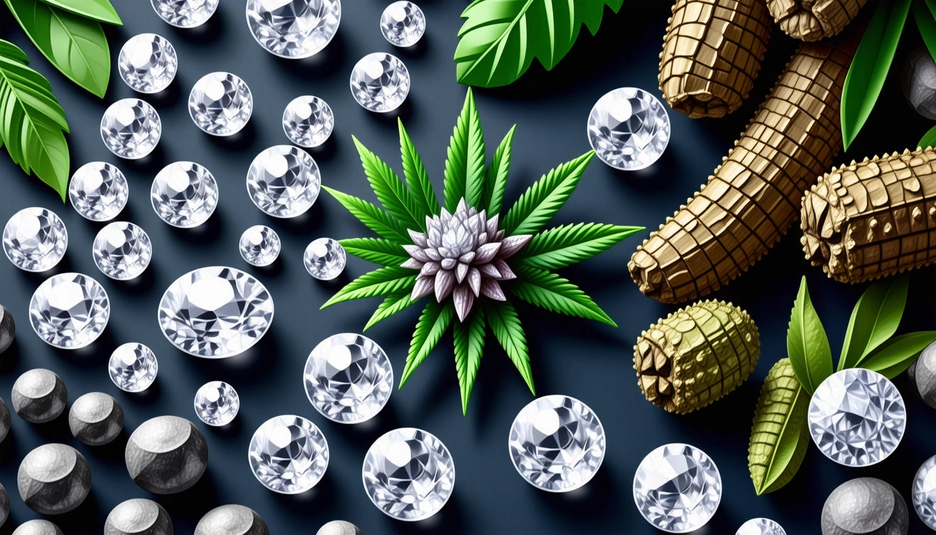 Diamonds and pinecones scattered on dark surface, surrounded by green leaves and a central star-shaped leaf arrangement
