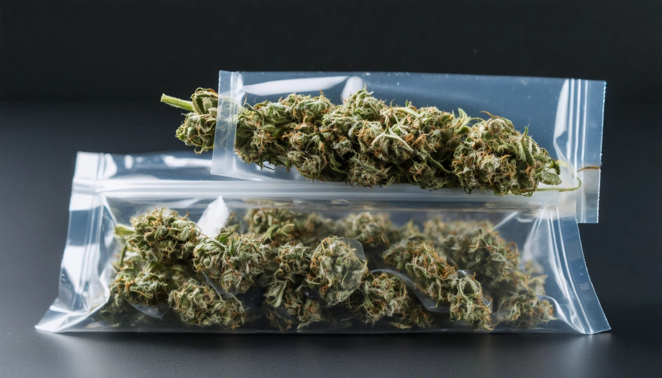 Two clear plastic bags containing green, dried plant buds with a dark background