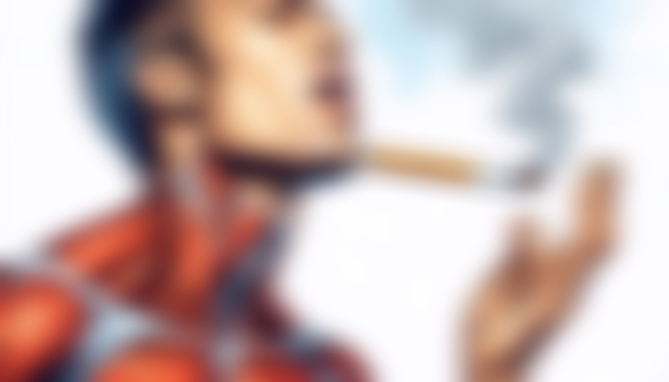 Person with short hair holding a lit cigar, smoke rising, wearing a red and blue outfit against a light background