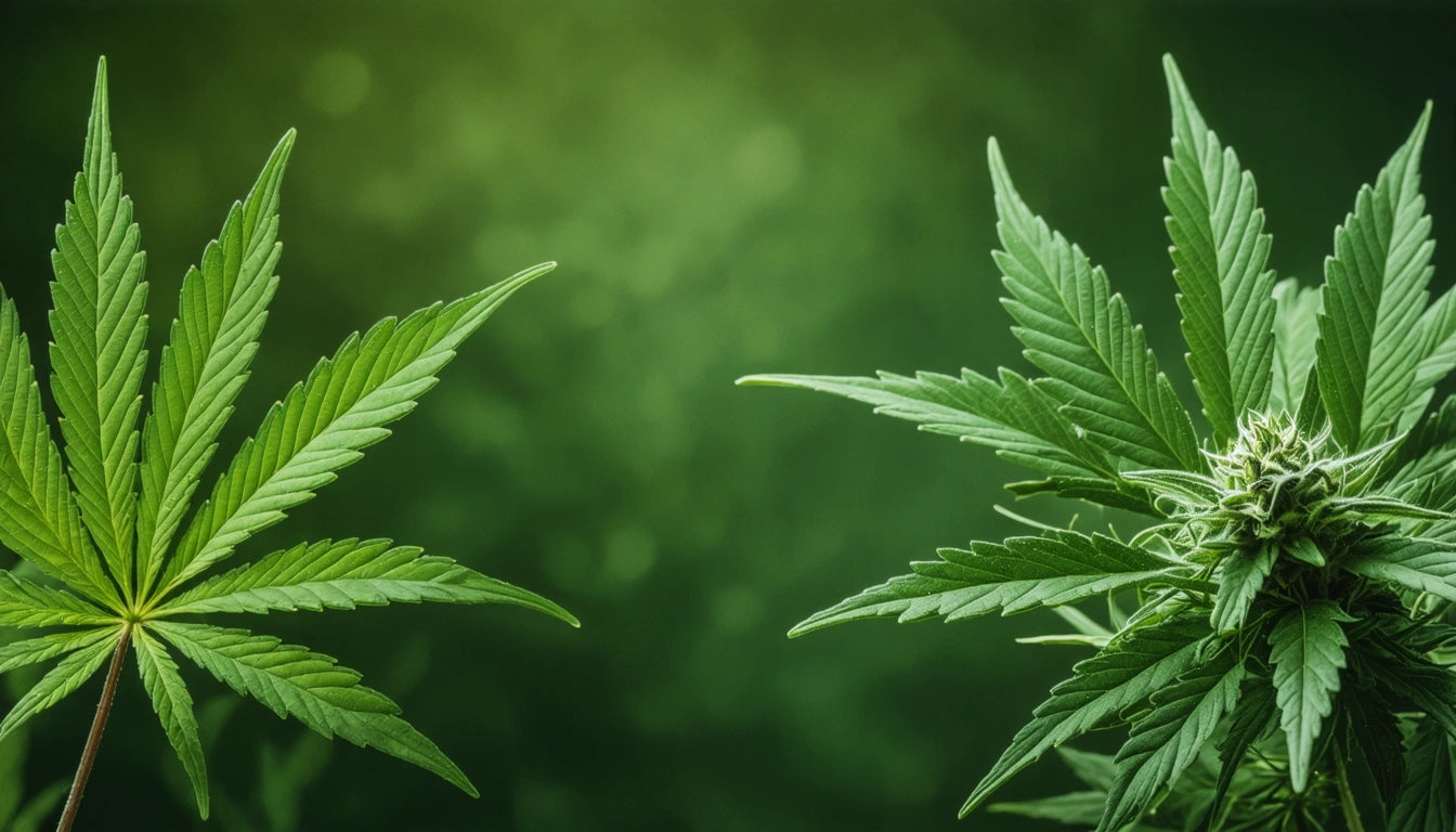 Two green plants with pointed leaves against a blurred green background