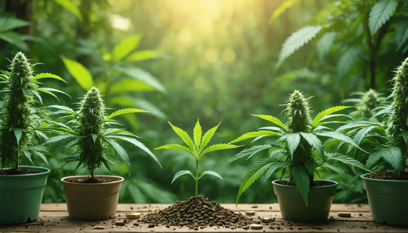 Three potted plants on a wooden table with soil, surrounded by lush green foliage, sunlight streaming through the background