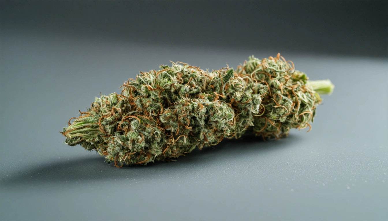 Dense green plant bud with orange hairs, lying on a smooth gray surface