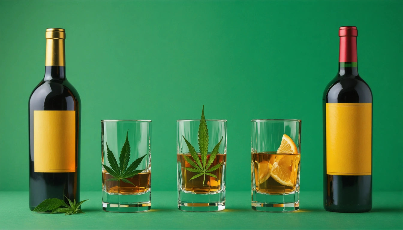 Two wine bottles with yellow labels, three glasses with brown liquid, two with cannabis leaves, one with lemon slices, on green background