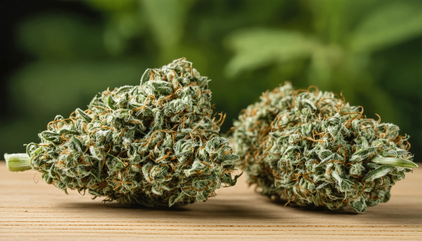 Two dense, green buds with orange hairs on a wooden surface, blurred green background