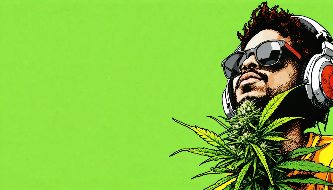 Person with headphones and sunglasses, surrounded by green leaves, against a bright green background