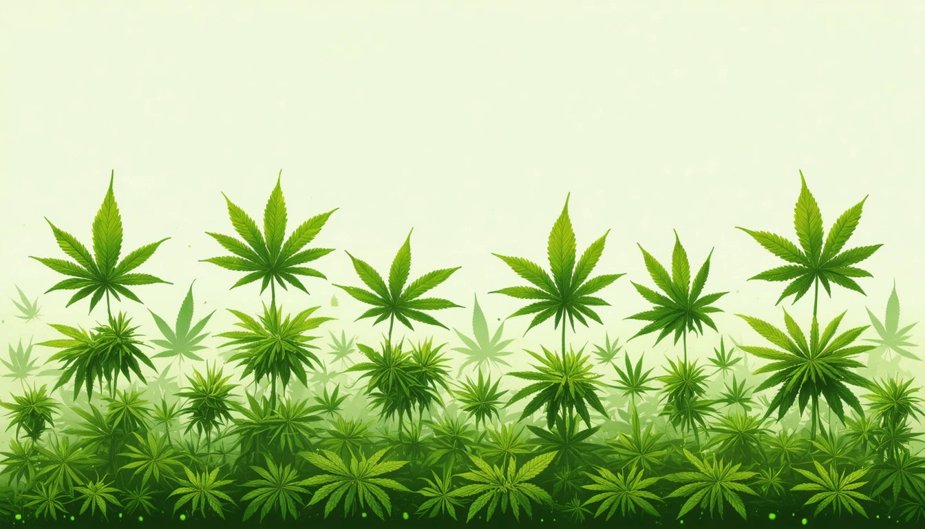 Green leaves with pointed edges in varying sizes against a light green background