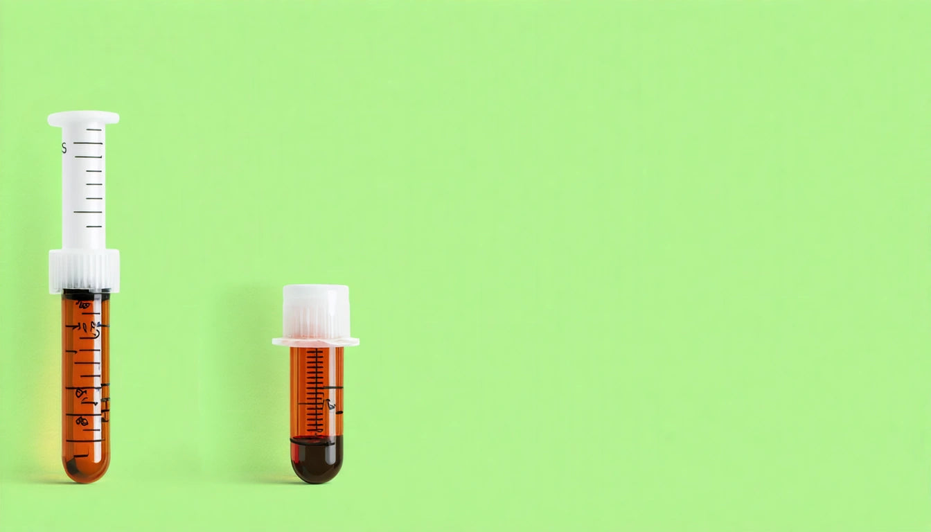 Two syringes filled with red liquid against a bright green background