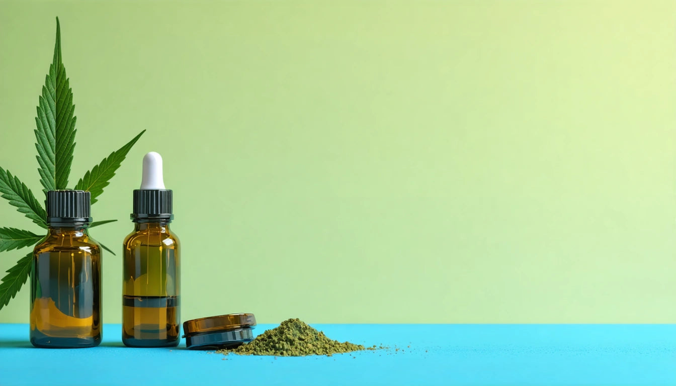Brown dropper bottle, green leaf, and small pile of green powder on blue surface, light green background