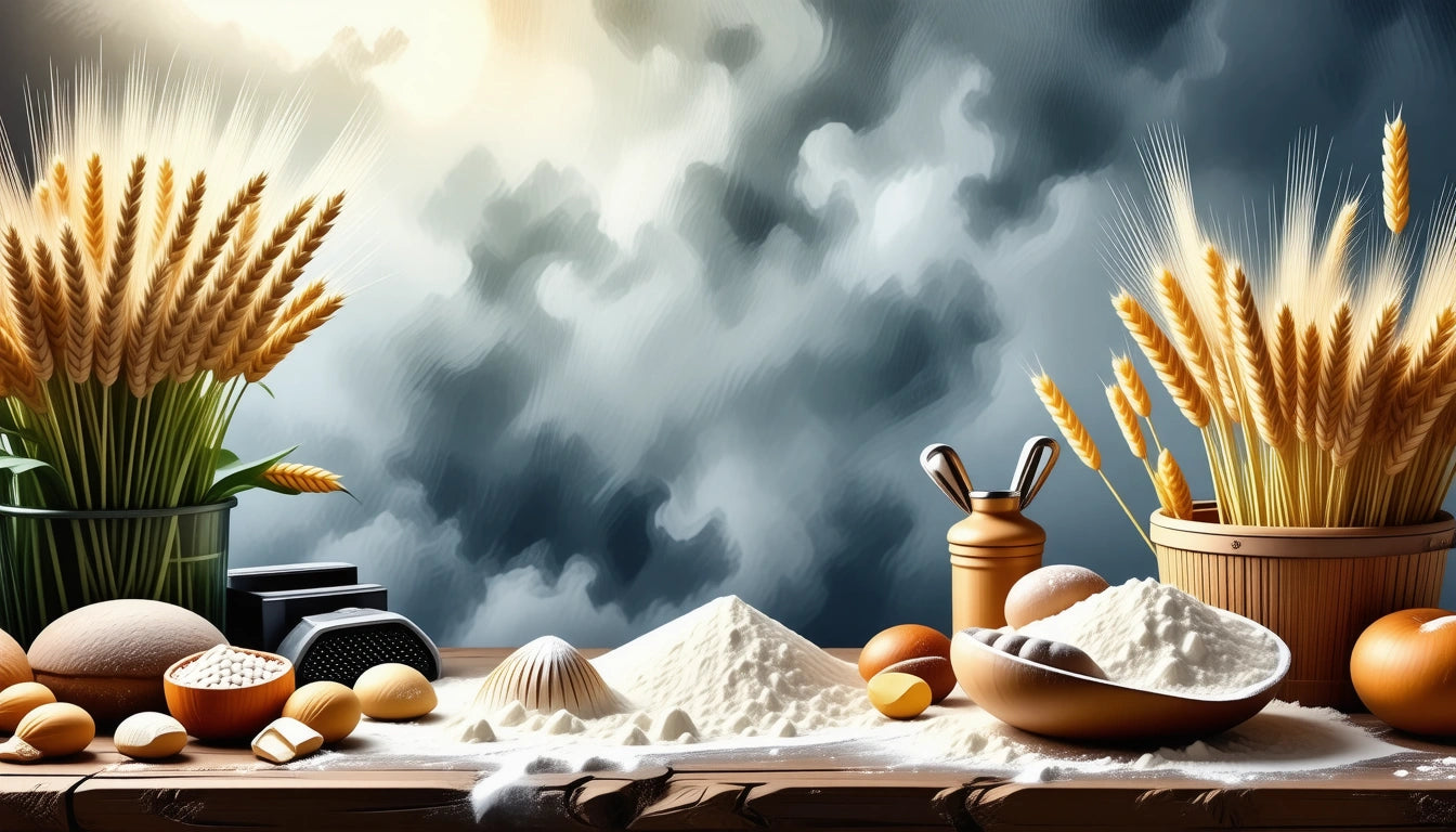 Wheat stalks, flour piles, eggs, and baking tools on a wooden surface with a cloudy sky background
