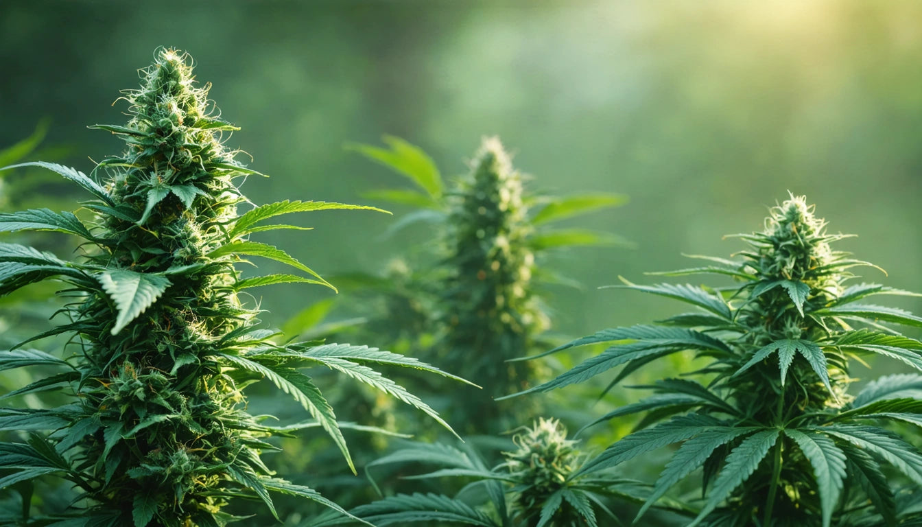 Tall green plants with pointed leaves and dense clusters, sunlight filtering through a soft-focus background