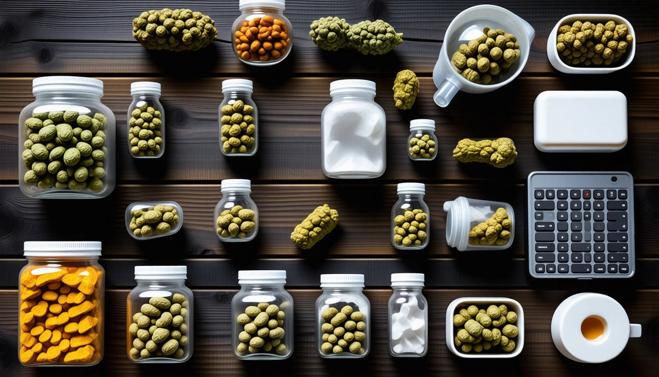 Various jars and containers filled with green and orange items arranged on a dark wooden surface, next to a calculator and cup