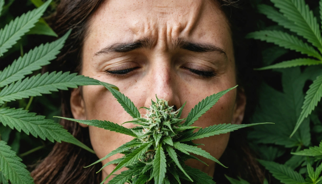 Person with closed eyes and furrowed brow surrounded by green leaves, holding a cluster of spiky leaves near their face