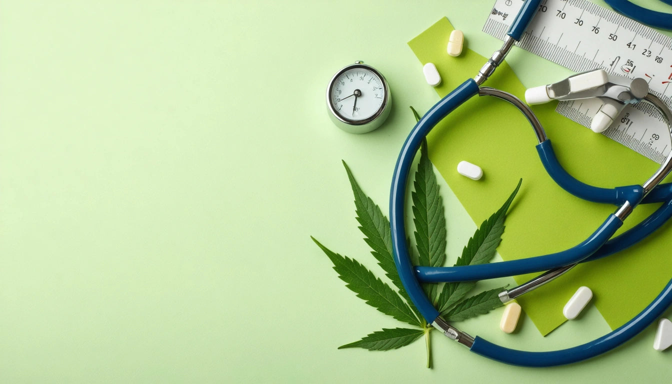 Stethoscope, cannabis leaf, pills, and blood pressure gauge on light green background