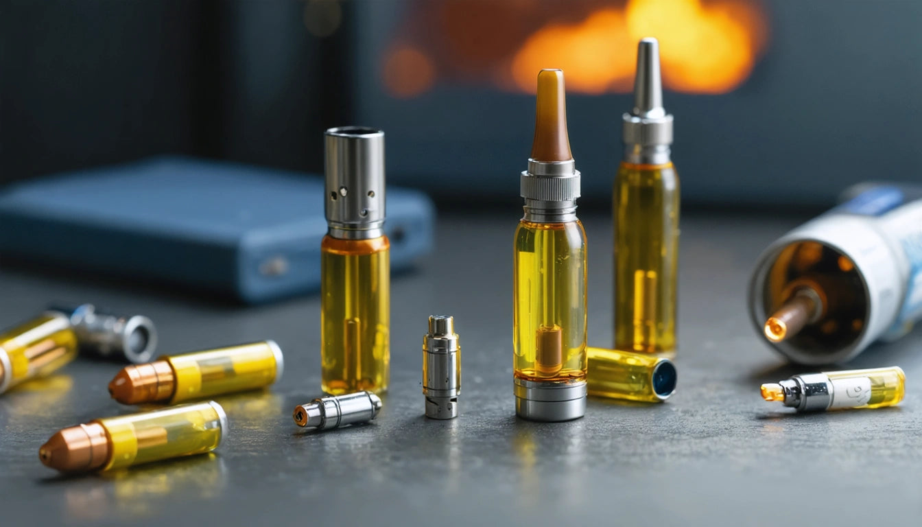 Various vape cartridges and metal components on a dark surface, with a blurred orange light in the background
