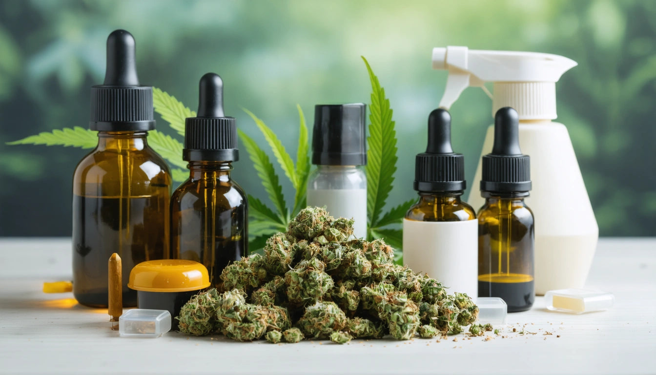Brown and clear dropper bottles, spray bottle, and cannabis buds on a white surface with green foliage background