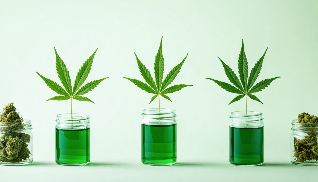 Three jars with green liquid, each topped with a cannabis leaf, flanked by piles of dried cannabis on a light green background