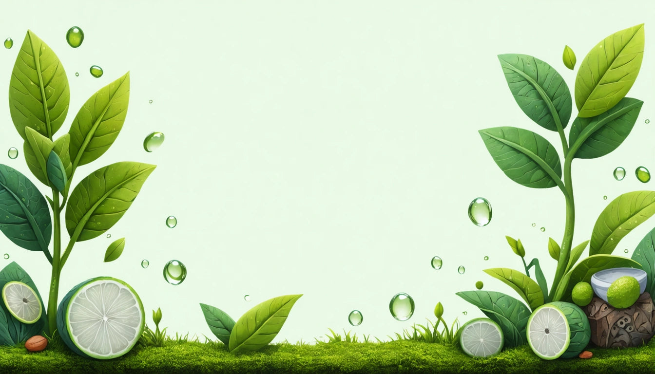 Green leaves and grass with water droplets, lime slices, and stones on a light green background