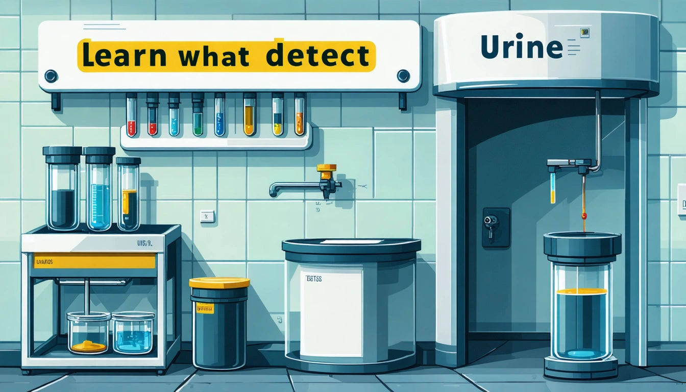 Laboratory with test tubes on wall, sink, waste bin, and a door labeled "Urine" under bright lighting