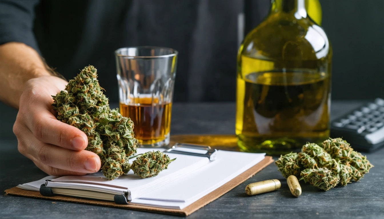 Hand holding green plant buds over clipboard, glass of amber liquid, large green bottle, and scattered plant buds on table