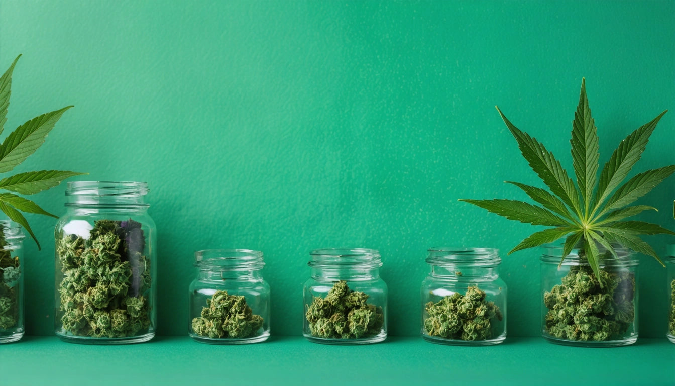 Five glass jars filled with green buds, arranged in a row against a green background, with a large leaf on the right