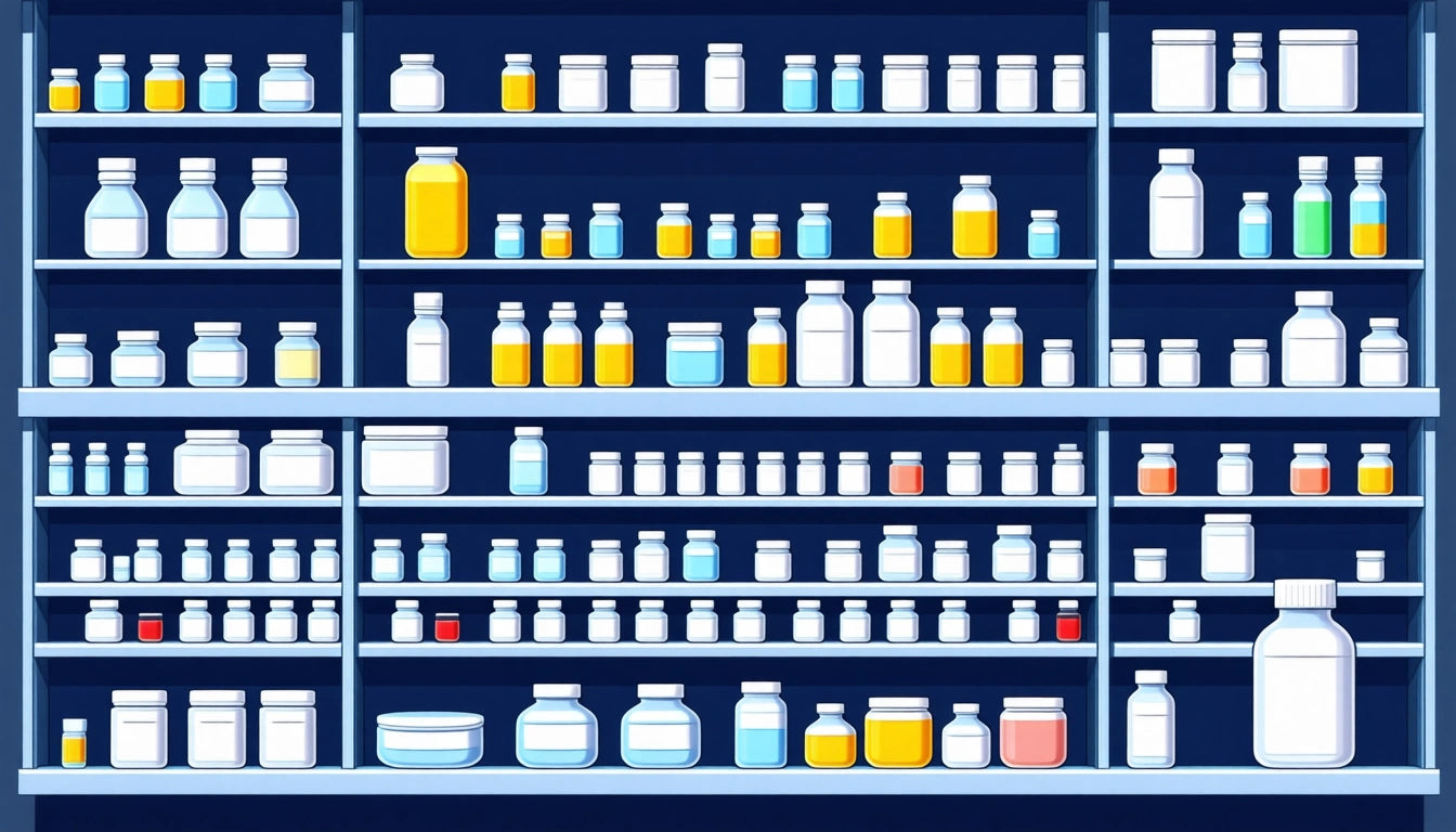 Shelves filled with variously sized bottles and jars, mostly white with some yellow, blue, and orange, against a dark background