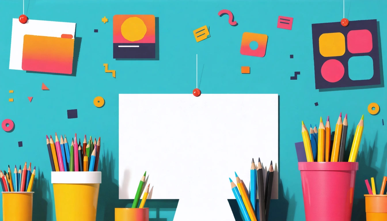 White board on teal wall, surrounded by colorful pencils in cups and geometric paper shapes