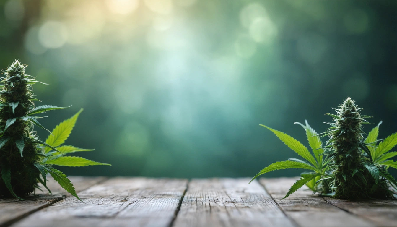 Two cannabis plants with green leaves on a wooden surface, blurred green background with soft light