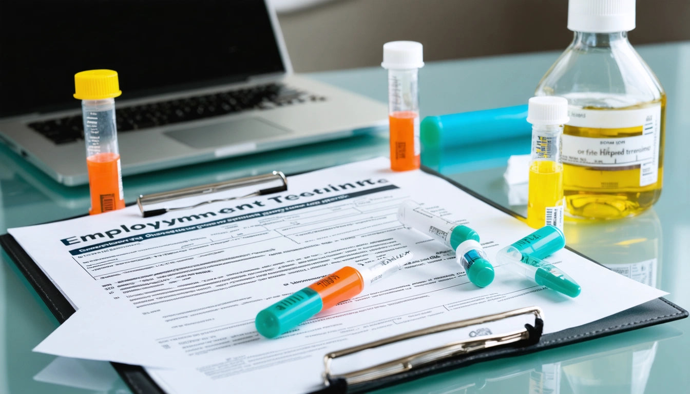 Clipboard with document labeled "Employment Testing," surrounded by test tubes, a laptop, and a bottle on a glass table