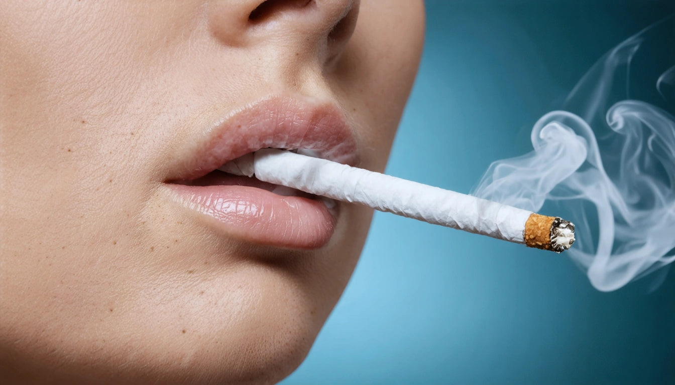 Close-up of lips holding a lit cigarette with smoke curling upward against a blue background