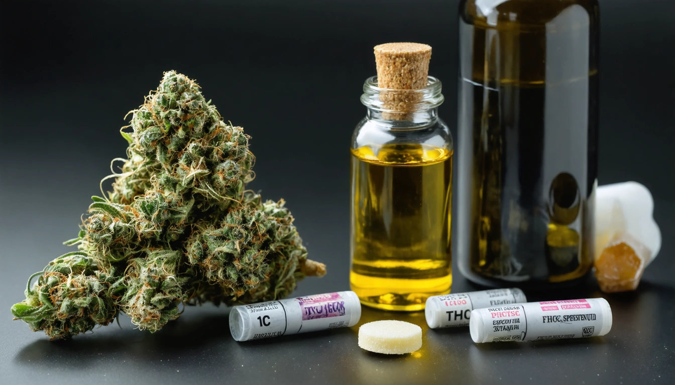 Cannabis buds, small glass bottle with cork, amber bottle, capsules, and a round tablet on a dark surface