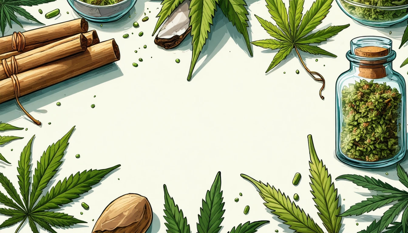 Cannabis leaves, cinnamon sticks, nuts, and a jar of buds arranged around a blank white center