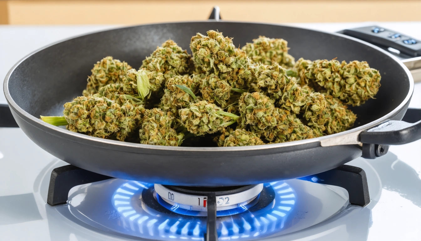 Cannabis buds piled in a black frying pan on a lit gas stove