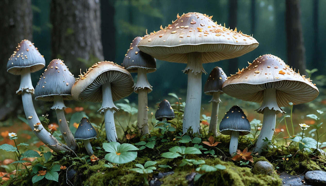 Tall mushrooms with gray caps and white stems, surrounded by green leaves and small orange flowers in a forest setting